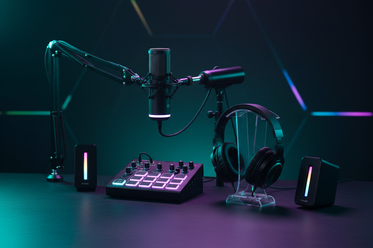 Fifine Kit de Podcast y Streaming Profesional con Micrófono USB/XLR RGB, Brazo y Audífonos