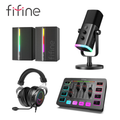 Fifine Kit de Podcast y Streaming Profesional con Micrófono USB/XLR RGB, Brazo y Audífonos